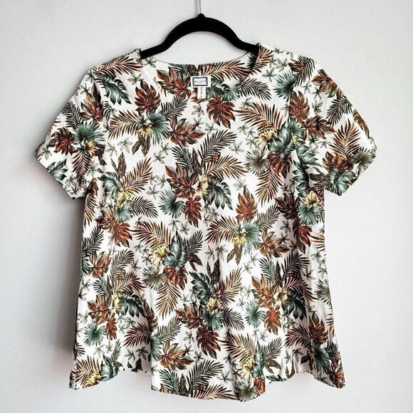Mo:Vint Cream Floral Leaves Linen Cotton Blend Vintage Boho Swing Flared Top - Picture 1 of 8